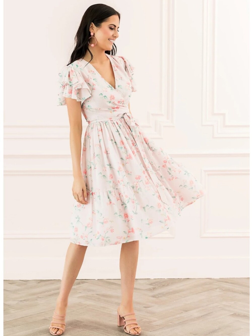 Rachel Parcell Pink Floral Wrap Dress with Ruffle Sleeves Size Medium